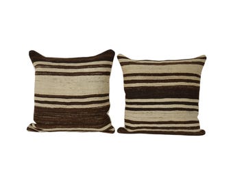 Boho Turkish Kilim Pillows, Black Striped Set of 2 Cushion Covers 24'' x 24''