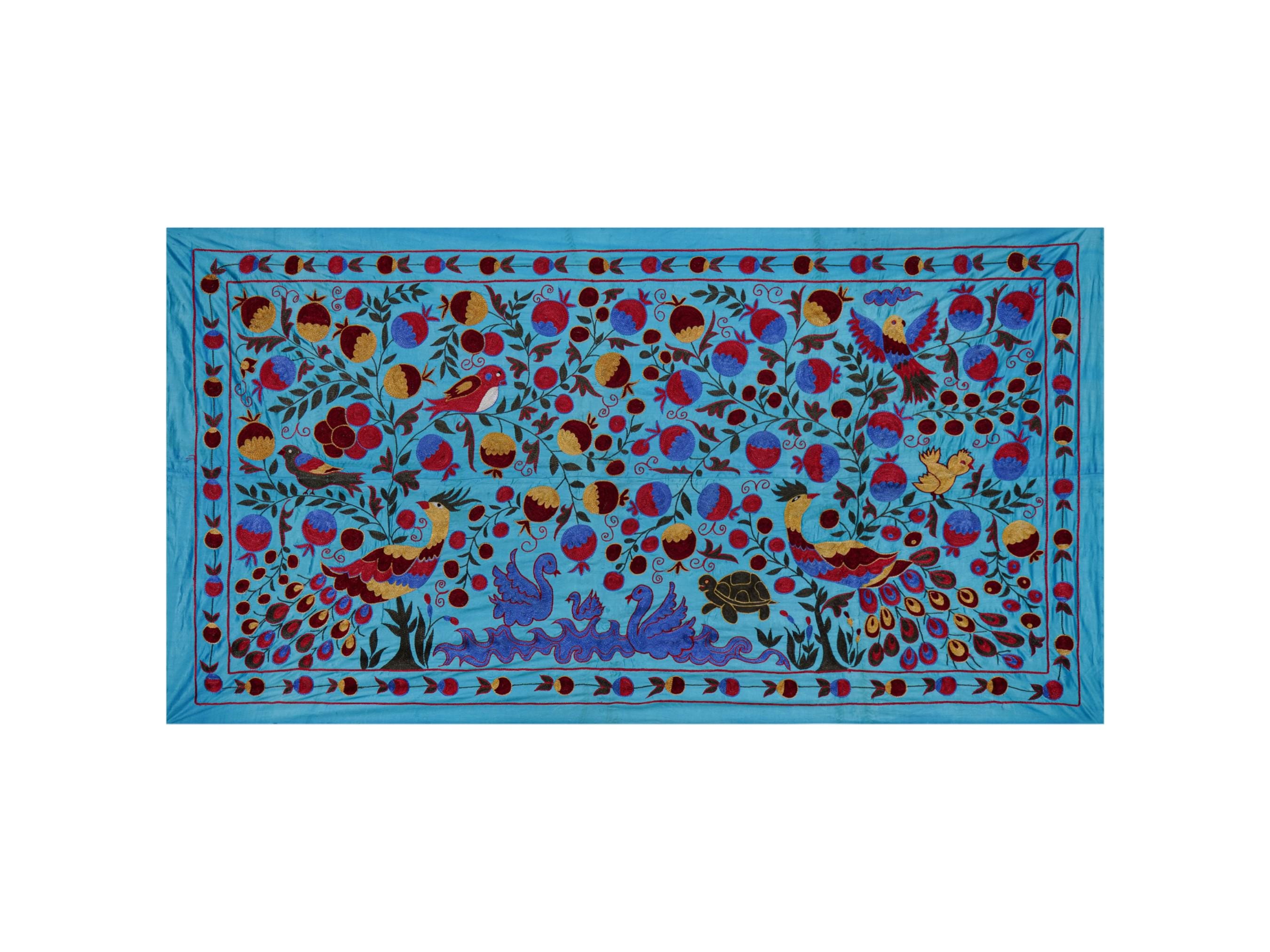 Blue Uzbek Suzani Textile – Peacock, Bird & Floral Motif Wall Art