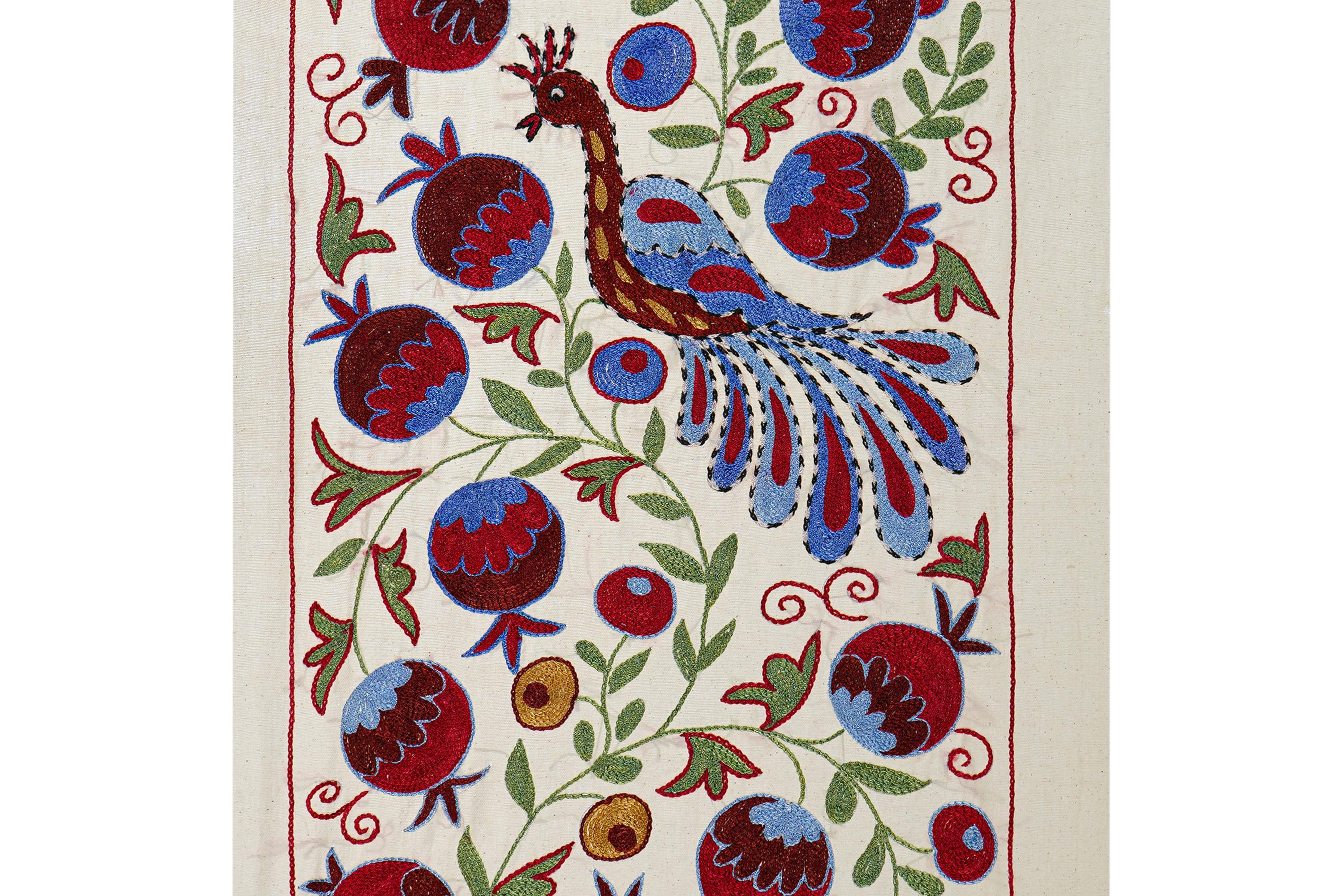 Pomegranate & Peacock Suzani Wall Art, Colorful Uzbek Textile