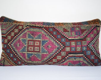 12" X 24" Bohemian Kilim Pillow, Handwoven Turkish Kilim Pillow, Accent Throw Pillow, Cushion Cover