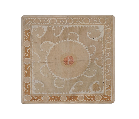 Uzbek Suzani Table Cover, Neutral Beige Hand Embroidered Textile 4'6'' x 4'7''