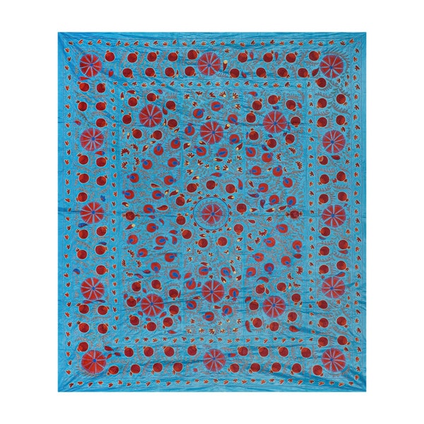 Seiden-Suzani-Tapisserie mit Blumenmuster, blaue und Himbeerrot-Suzani-Wandbehang-Dekor, Buchara-Tagesdecke und Tischdecke 240 x 250 cm