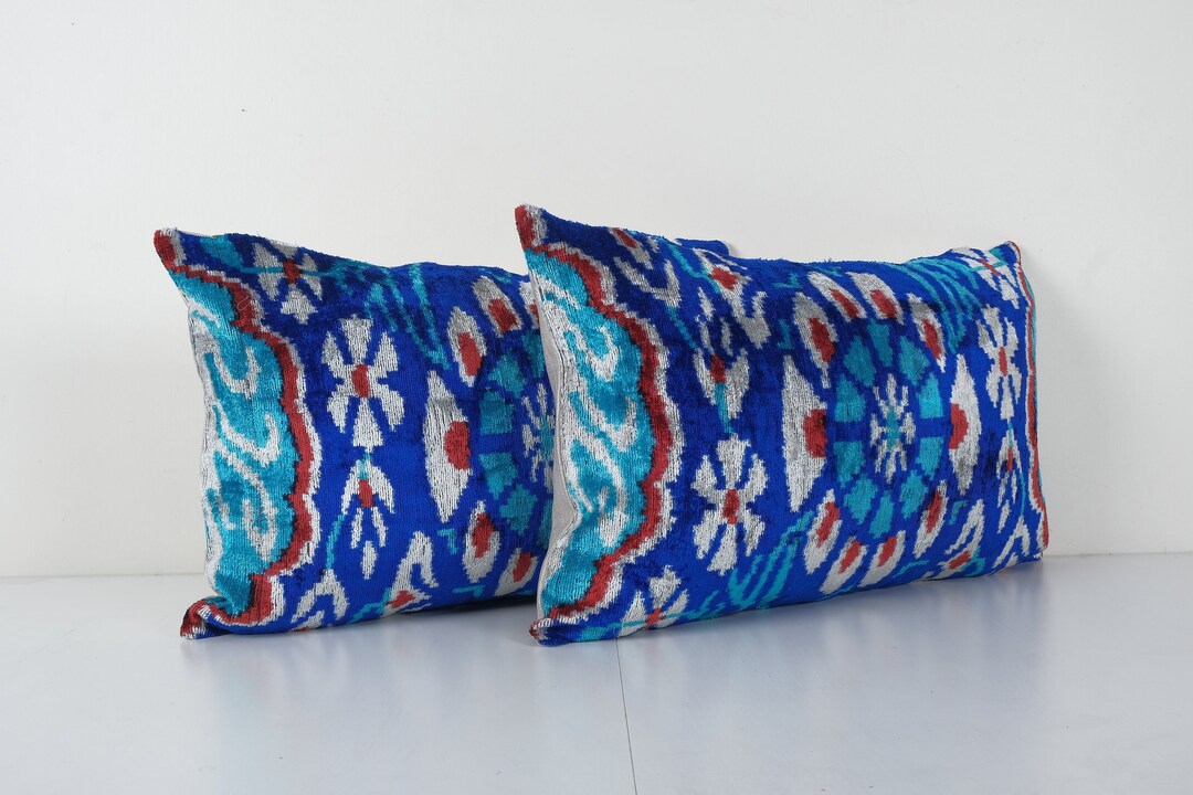 Handmade Ikat Blue Velvet Pillow Set Silk Ikat Decorative Etsy