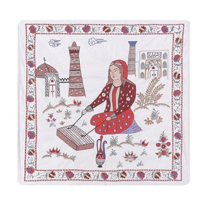 Silk Suzani Human Pictorial Tapestry, Suzani Village Design Wall Hanging Decor, Uzbek Embroidery Tapestry 2&#39;11&#39;&#39; x 2&#39;12&#39;&#39;
