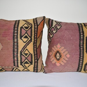 18&quot; X 18&quot; Pair Turkish Kilim Pillow Cover, Kilim Rug Lumbar Pillow Cover, Vintage Faded Wool Kelim Cushion, Tribal Farmohuse, Cushion Cover