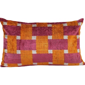 Geometric Orange and Magenta Silk Velvet Pillow Cover – Handmade Ikat Cushion – Bohemian Decor 16&#39;&#39; x 26&#39;&#39;