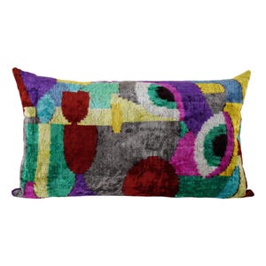Colourful Silk Ikat Velvet Pillow Cover - Boho Abstract Throw Pillow - Handwoven Uzbek Lumbar Cushion 16&#39;&#39; x 24&#39;&#39;