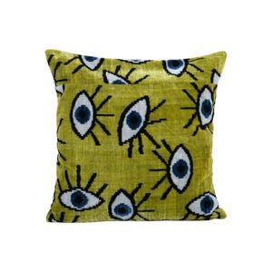 Funda de almohada de terciopelo con ojos de seda Ikat - Funda de almohada lumbar de terciopelo verde chartreuse tejida a mano - Funda de cojín uzbeka de 20&#39;&#39; x 20&#39;&#39;