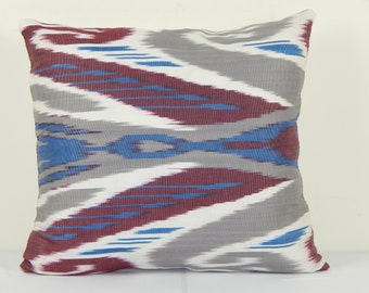 Ikat Pillow Cover, Colorful Handmade Decorative Throw Pillow, Handloom Uzbek Square Cushion Cove 14" x 14"