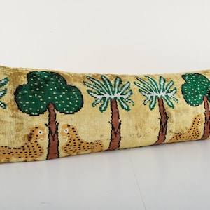 Tiger Design Gold Extra Long Ikat Velvet Pillow Cover, Animal Printed Lumbar Cushion Case 14&quot;x48&quot;, Tree & Palm Design