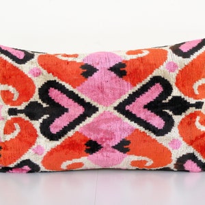 Silk Ikat Velvet Pillow with Pink Details, Handmade Velvet Lumbar Pillowcase, Vintage Uzbek Oblong Decorative Cushion