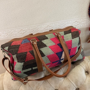 Authentic Handmade Turkish Kilim Bag - Vintage Wool Travel Duffle with Leather Handles & Strap