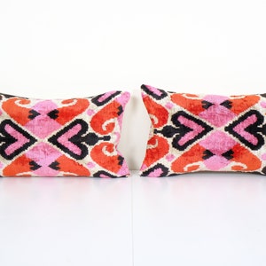 Pink Silk Ikat Velvet Pillow, Set of Two Colorful Velvet Lumbar Pillowcase, Handmade Designer Throw Pillow