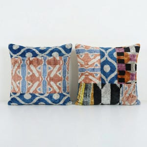 Ikat Velvet Patchwork Pillow Cover – Silk Uzbek Cushion - Set of Two