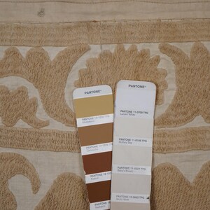 May include: Close-up of a beige textile with an embroidered floral design. Two Pantone color swatch cards are in the foreground, displaying various shades of beige, brown, and white. The text on the cards is visible.