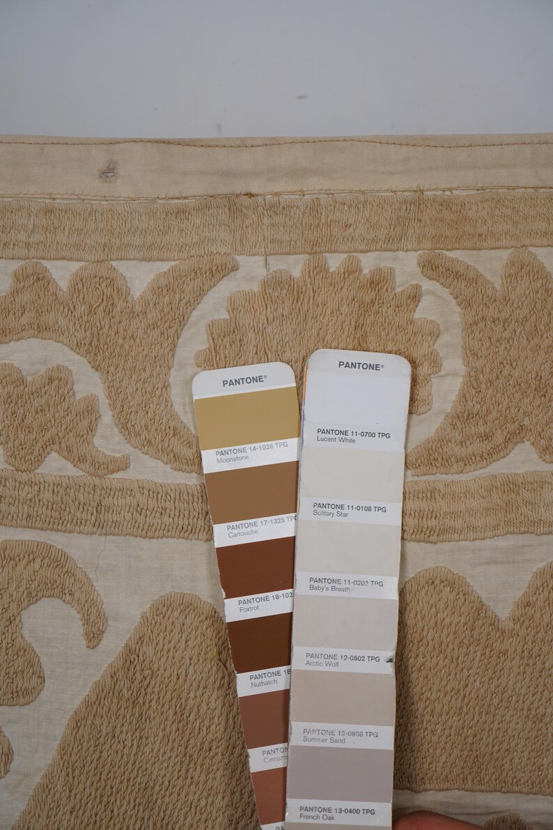 May include: Close-up of a beige textile with an embroidered floral design. Two Pantone color swatch cards are in the foreground, displaying various shades of beige, brown, and white. The text on the cards is visible.