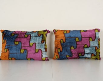 Ikat Puzzle Velvet Lumbar Pillow, Set of Two Colorful Silk Lumbar Cushion Cover, Pair Checkered Design Uzbek elvet Cushion 16" x 22"