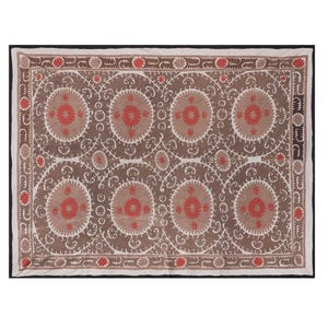 Vintage Brown Suzani from Samarkand Uzbekistan, Central Asian Embroidered Textile, Wall Hanging or Bed Cover 8&#39;2&#39;&#39; x 11&#39;7&#39;&#39;