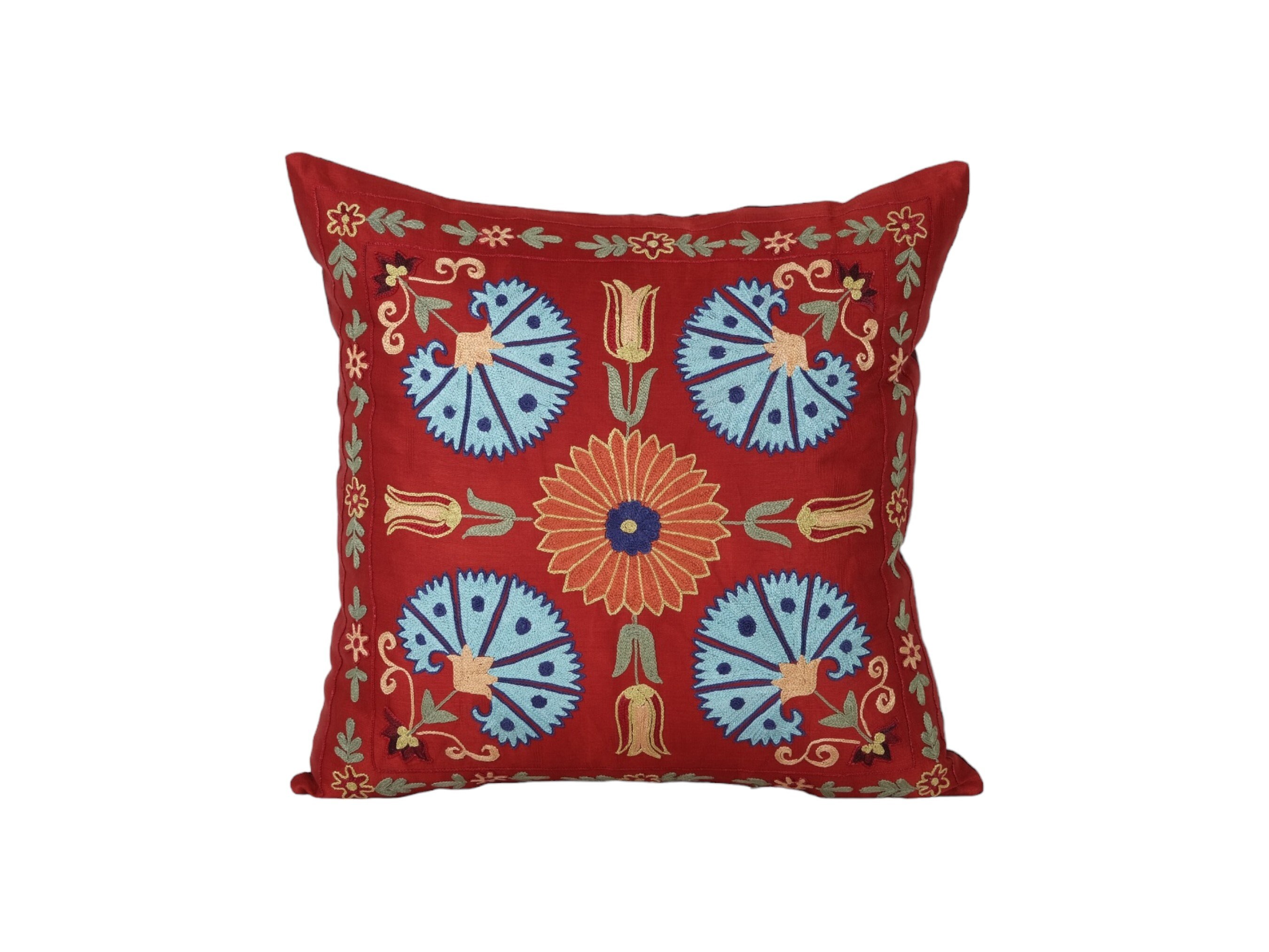 Uzbek Red Suzani Cushion Cover, Suzani Pillow Case Made from a 19th Century Suzani, Uzbekistan, Square Cushion Cover 20'' x 20''