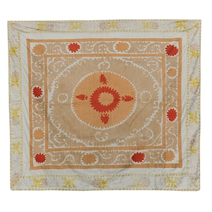 Vintage Suzani Bedspread – Uzbek Embroidered Cotton Textile, 4&#39;12&#39;&#39; x 5&#39;9&#39;&#39;