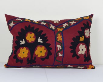 Red Suzani Lumbar Cushion Cover, Embroided Suzani Pillow Case Made from a 19th Century Suzani, Uzbekistan, Lumbar Cushion Cover 16" x 24"