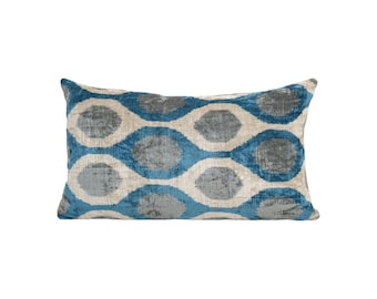 Blue Ikat Velvet Lumbar Pillow Cover – Handwoven Silk Cushion