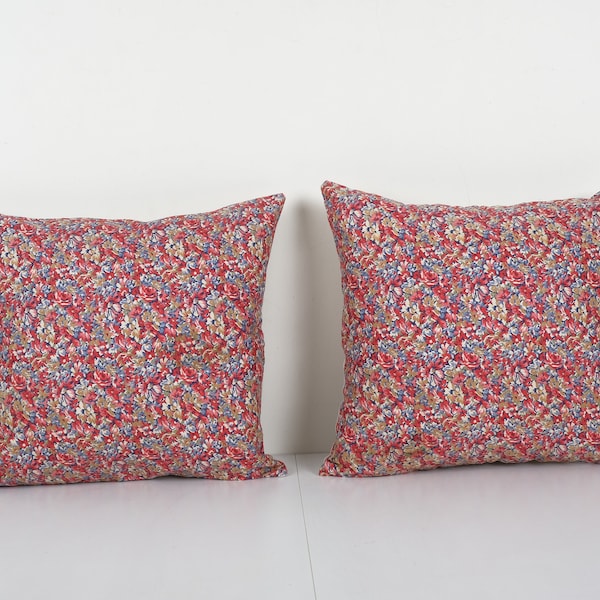 Set of Two Uzbek Pink Roller Printed Cotton Fabric Panel, Pair Mid-20th Century Tribal Cushion Cover 18'' x 18''