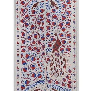 Vintage Uzbek Suzani Embroidery: Folk Art Bird & Animal Wall Hanging