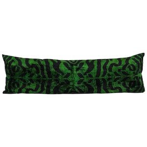 Silk Ikat Velvet Pillow Cover – Green and Black Zebra Pattern Bedding Cushion 16&#39;&#39; x 47&#39;&#39;