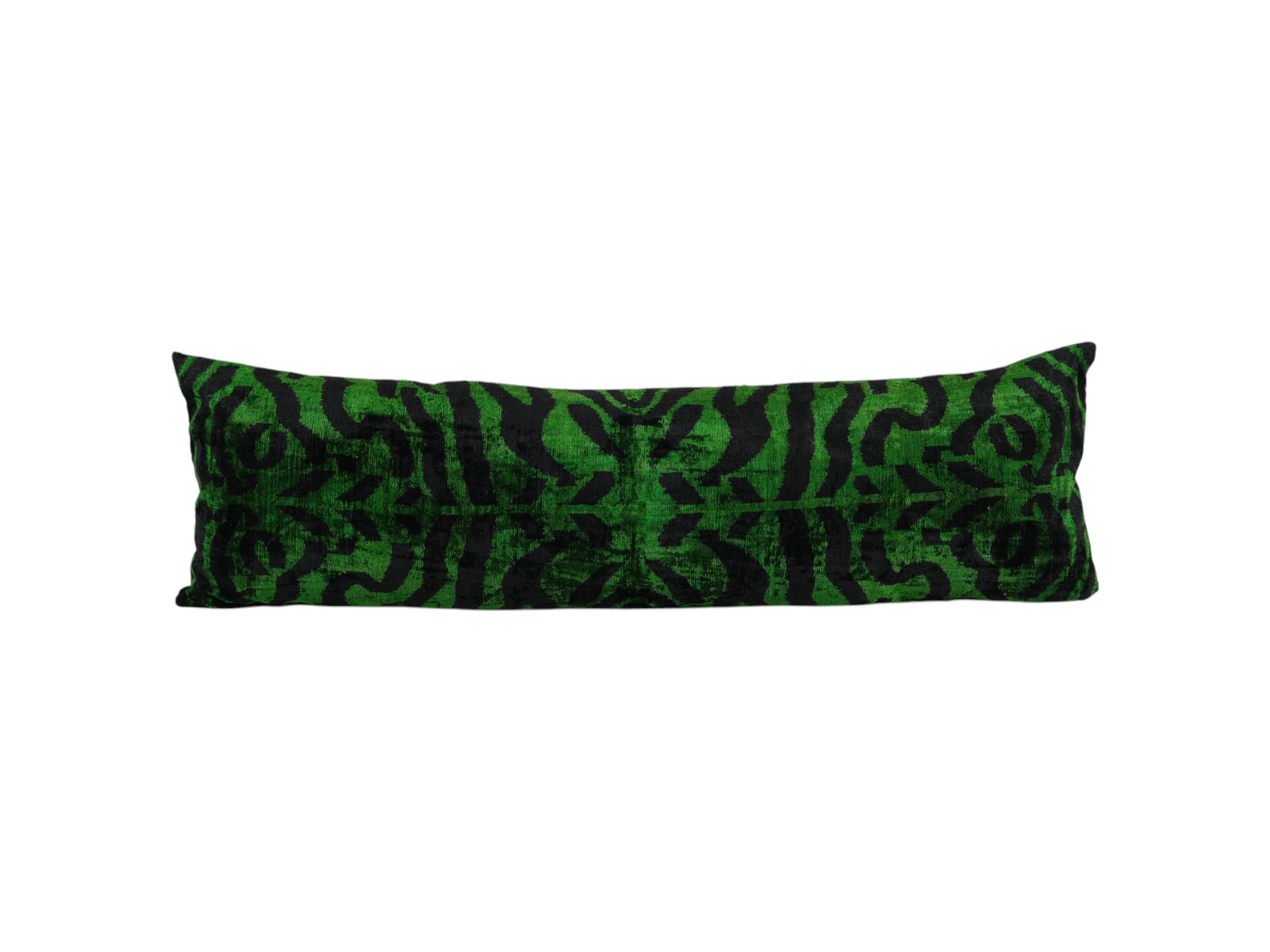 Silk Ikat Velvet Pillow Cover – Green and Black Zebra Pattern Bedding Cushion 16'' x 47''