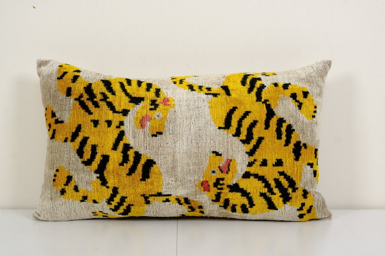 Tiger Ikat Velvet Pillow, Silk Lumbar Cushion Cover, Yellow Animal Lumbar Pillows, Boho Pillow image 1