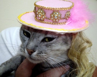 Sombrero de fiesta rosa para gato, sombrero de mascarada con broche vintage y pelo de peluca, disfraz de Aristócrata para mascota, sombrero de cumpleaños, lindo regalo de Navidad.