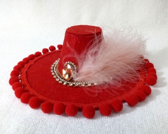 Red musketeer hat for cat Party hat with rhinestone & feather for small dog Aristocrat costume for pet Cute Valentine's gift