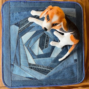 Patchwork denim cat bed, Recycled jeans mat for small dog, Sustainable eco-friendly chair cover