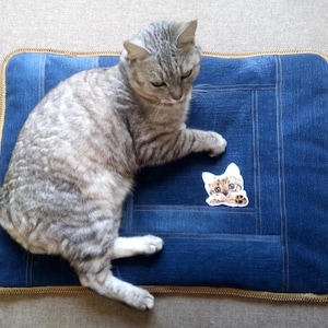 May include: A gray tabby cat lying on a blue denim cat bed with a smaller cat face printed on the bed.