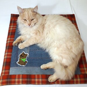 Puede incluir: Un gato de color crema con pelo largo está tumbado en una cama para mascotas de cuadros y mezclilla. La cama tiene un parche bordado marrón y verde de un animal pequeño que lleva una bufanda verde.