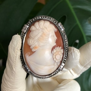 Antique Shell Cameo Brooch/Art Nouveau/1900s Shell Cameo Carved Brooch/Silver and Marcasite framed/Gift for Her