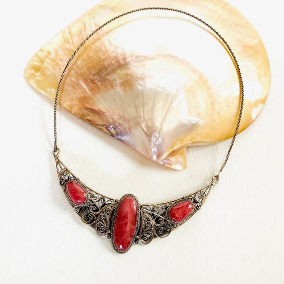 Rhodonite Silver Filigree Healing Stone Necklace