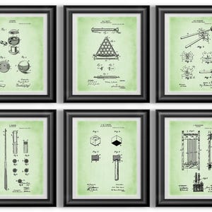 May include: Six framed prints featuring vintage billiard patent diagrams in black ink on a light green background. Each print is in a black frame. The diagrams depict various aspects of billiard equipment, including balls, racks, and cues.