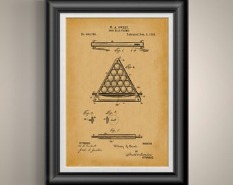 May include: A vintage patent drawing for a pool ball frame, showing a triangular rack with balls, a side view of the frame, and a close-up of a ball. The patent number is 464,745 and the date is December 8, 1891. The inventor is William A. Sweet.