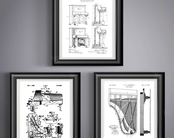 May include: Three framed black and white piano patent prints. The prints feature detailed technical drawings of piano designs, including diagrams and schematics. The frames are black and the background is a neutral gray.