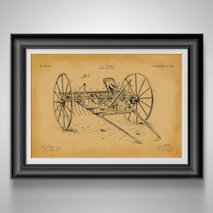 Vintage Sulky Hay Rake Patent Artwork - Farmhouse Agriculture Device Print for Ranch Decor