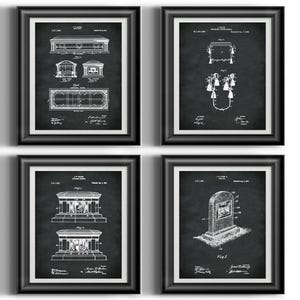 May include: Set of four black and white vintage patent drawings for different types of mausoleums. The drawings are framed in black frames and are set against a white background.