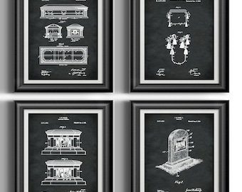 May include: Set of four black and white vintage patent drawings for different types of mausoleums. The drawings are framed in black frames and are set against a white background.