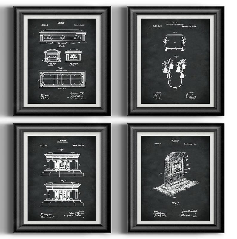 May include: Set of four black and white vintage patent drawings for different types of mausoleums. The drawings are framed in black frames and are set against a white background.