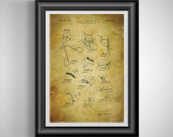 May include: Framed vintage patent print of a combined eyelash curler, mascara applicator, and remover. The print features detailed technical drawings in black ink on a sepia-toned background. The frame is black.