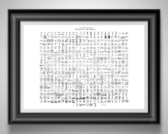 May include: A framed print titled "Mechanical Movements" featuring numerous detailed black and white illustrations of gears, levers, and other mechanical components. The print is encased in a black frame, creating a classic and educational aesthetic.