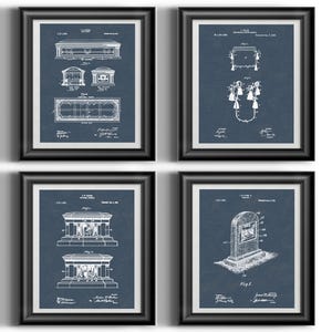 May include: Set of four framed vintage patent prints on a blue background. Each print features a different design of a mausoleum or tomb. The prints are in black and white.