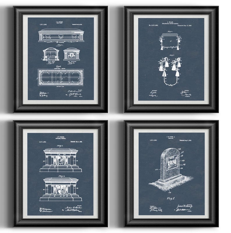 May include: Set of four framed vintage patent prints on a blue background. Each print features a different design of a mausoleum or tomb. The prints are in black and white.