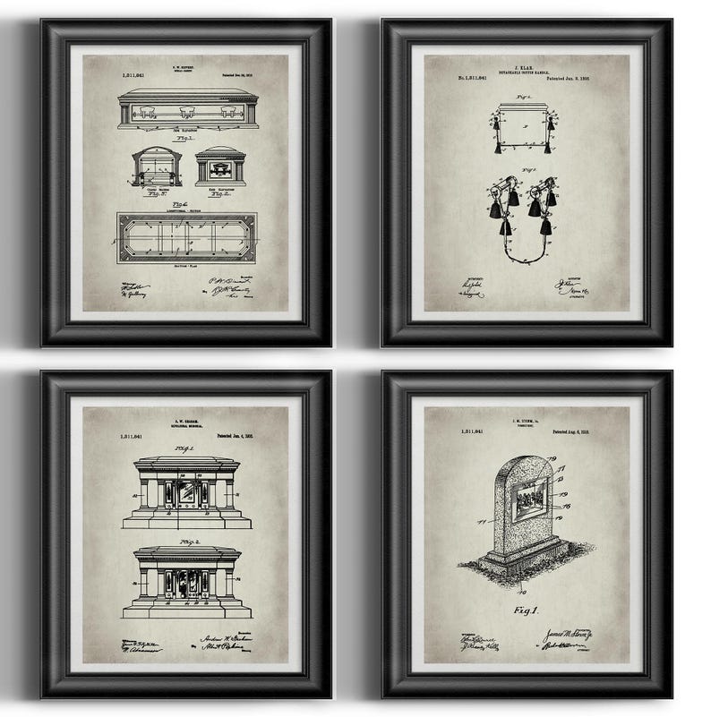May include: Set of four vintage patent prints featuring black and white illustrations of different types of tombstones and grave markers. The prints are framed in black frames and have a light grey background.